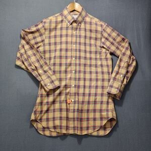 Vintage 90s Mens Shirt Medium Tan Plaid Richard Bennett Office Business Made USA